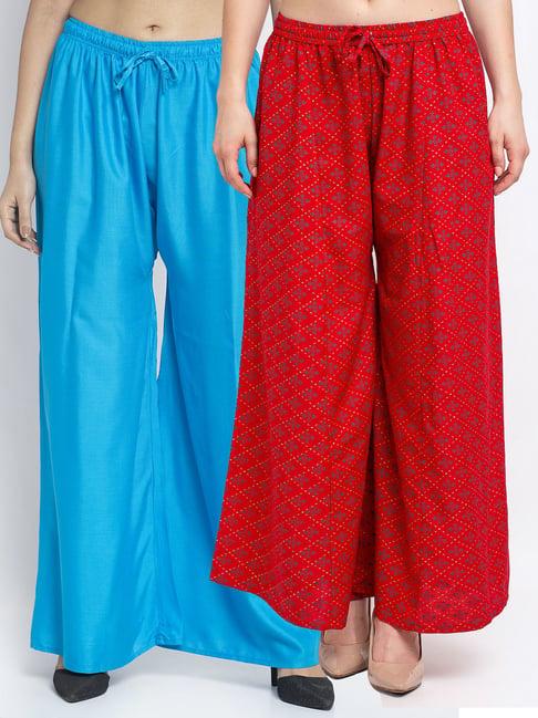 gracit red & blue printed palazzos - pack of 2