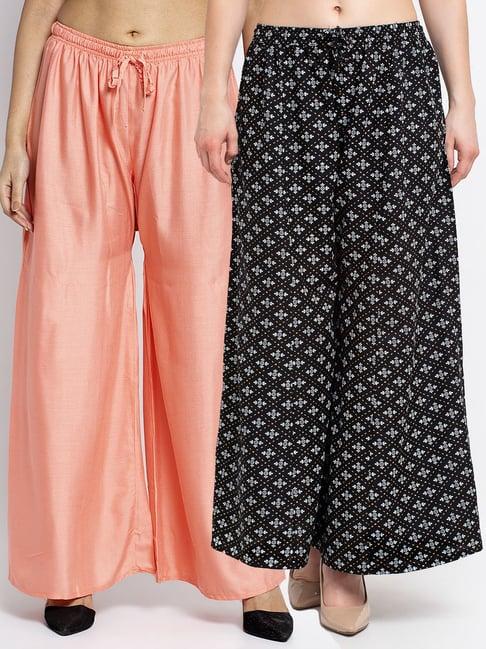 gracit black & peach printed palazzos - pack of 2