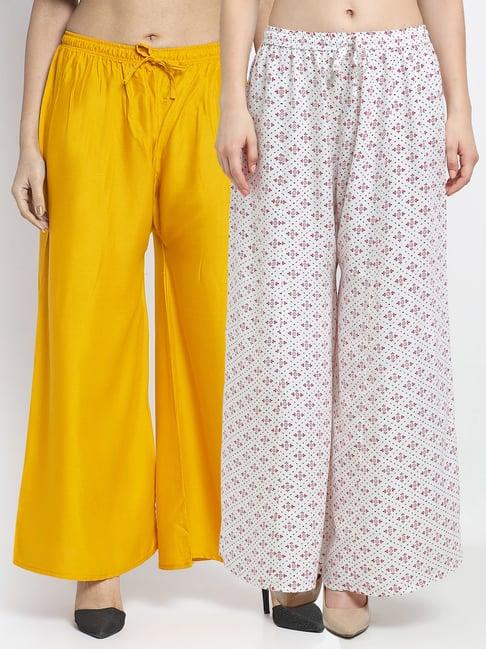 gracit white & yellow printed palazzos - pack of 2