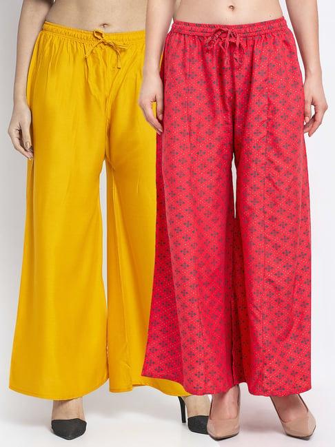 gracit pink & yellow printed palazzos - pack of 2