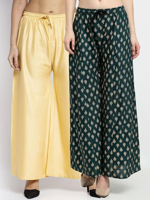 gracit green & beige printed palazzos - pack of 2