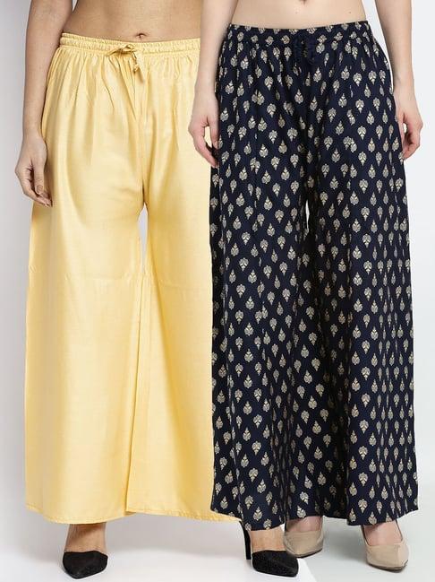 gracit navy & beige printed palazzos - pack of 2