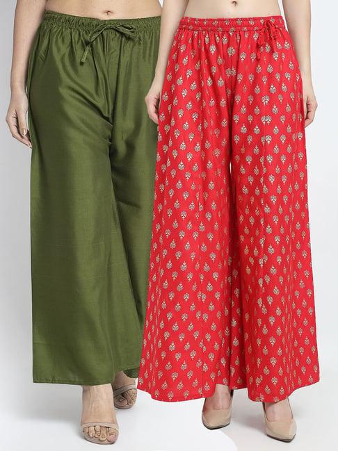 gracit red & green printed palazzos - pack of 2