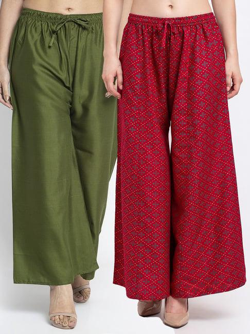 gracit maroon & green printed palazzos - pack of 2