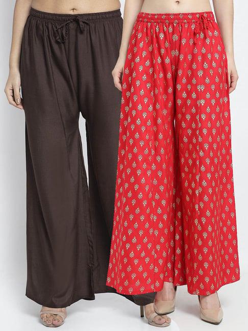 gracit red & brown printed palazzos - pack of 2