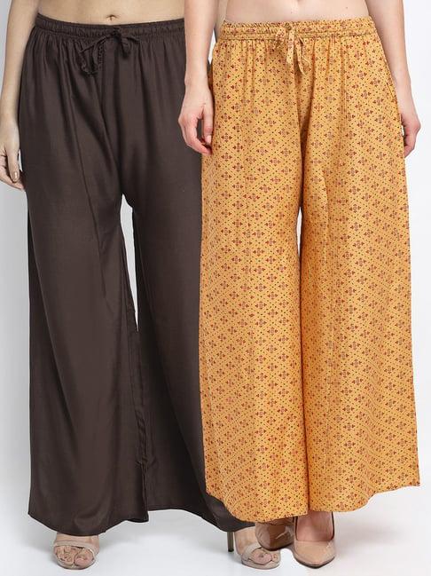 gracit beige & brown printed palazzos - pack of 2