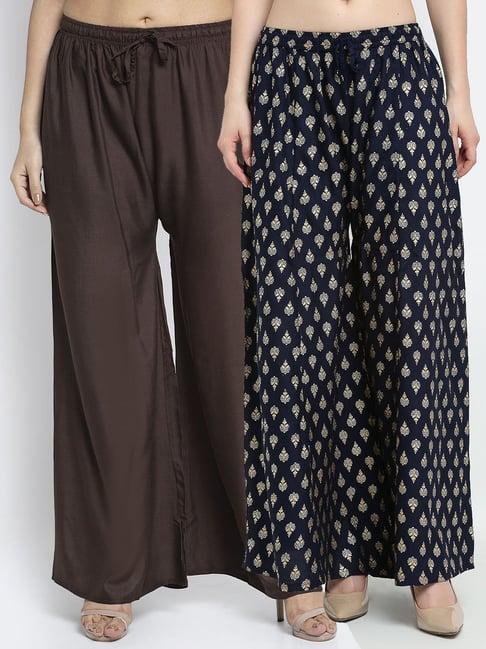 gracit navy & brown printed palazzos - pack of 2