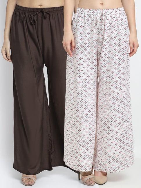 gracit white & brown printed palazzos - pack of 2