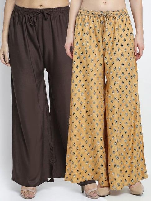 gracit beige & brown printed palazzos - pack of 2