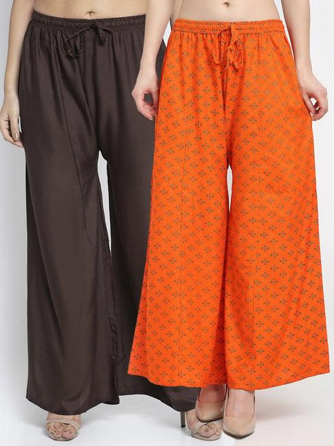 gracit orange & brown printed palazzos - pack of 2