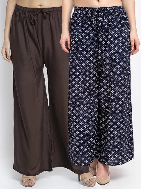 gracit navy & brown printed palazzos - pack of 2