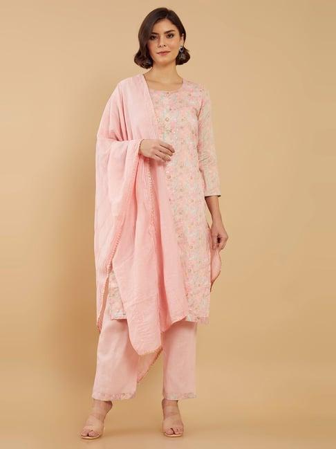 soch pink cotton embroidered unstitched dress material