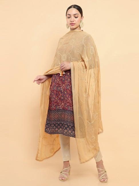 soch beige cotton embroidered dupatta