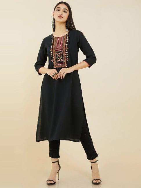 soch black embroidered straight kurta