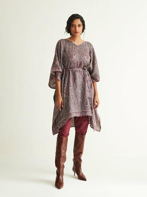 ancestry grey printed a line kaftan kurta