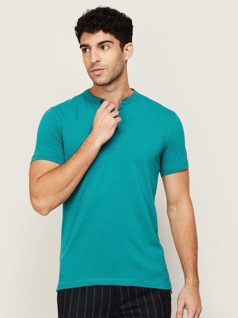 code by lifestyle casual green cotton regular fit self pattern t-shirt