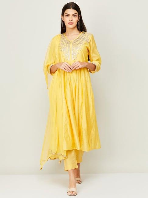 melange by lifestyle yellow embroidered kurta pant set with dupatta