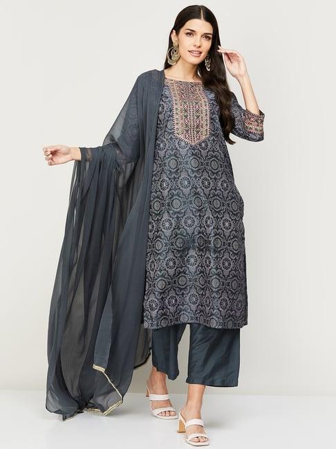 melange by lifestyle grey embroidered kurta pant set with dupatta