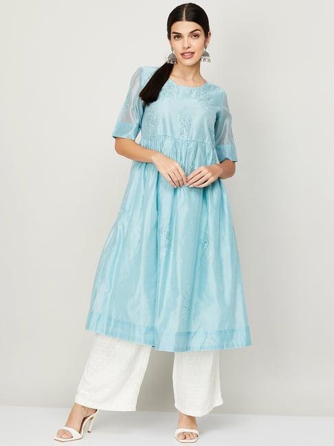 melange by lifestyle blue embroidered a line kurta