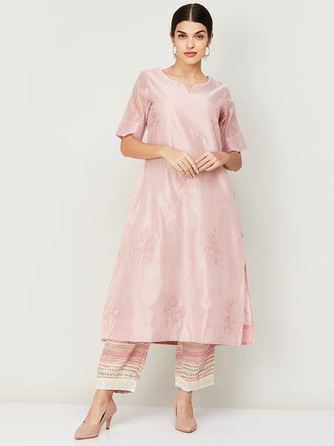 melange by lifestyle pink embroidered a line kurta