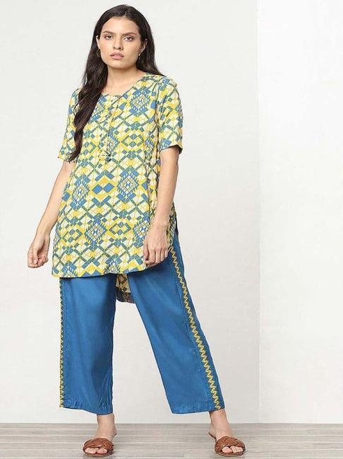 marigold lane yellow & blue printed kurti pant set