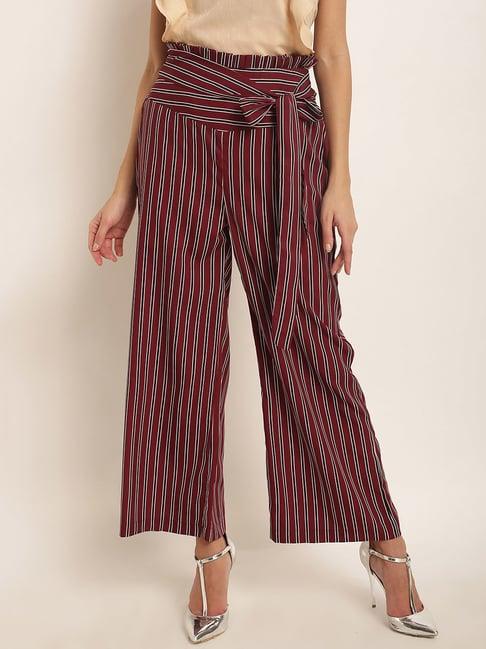 rare maroon striped high rise relaxed fit parallel trousers