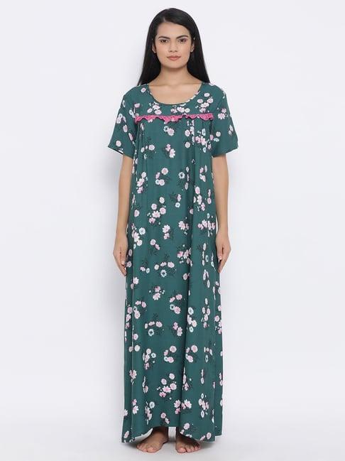 clovia green cotton floral print nighty