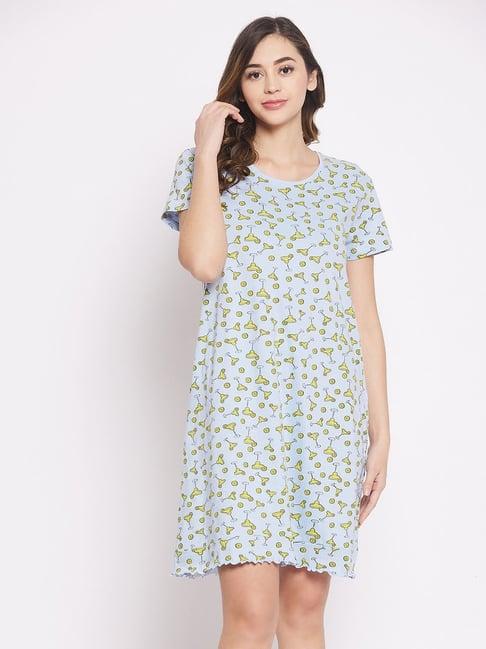 clovia blue cotton graphic print night dress