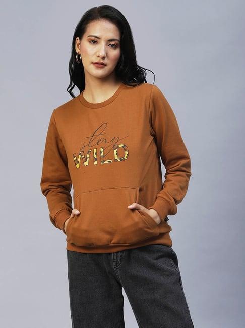 rigo camel brown fleece printed pullover