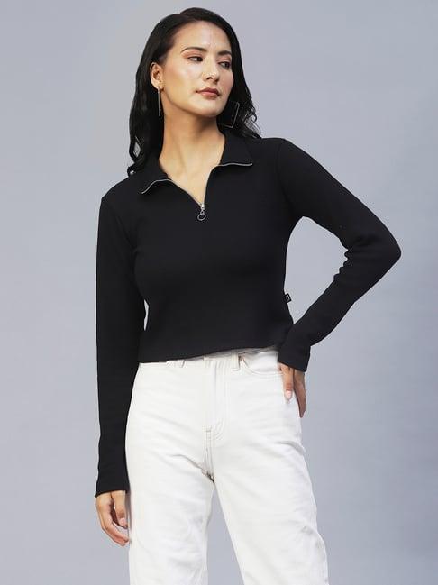 rigo black cotton self design top