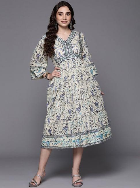 indo era blue cotton floral print a-line dress