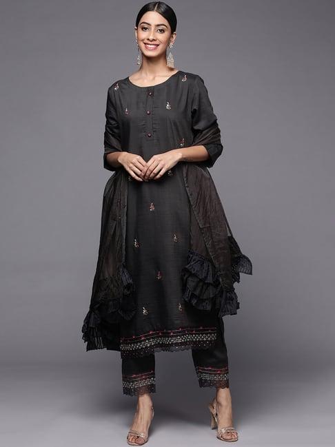 indo era black embroidered kurta pant set with dupatta