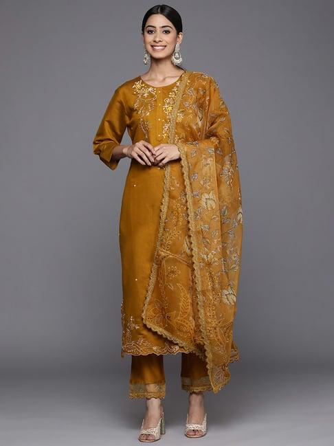 indo era mustard embroidered kurta pant set with dupatta