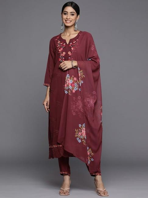 indo era brown embroidered kurta pant set with dupatta