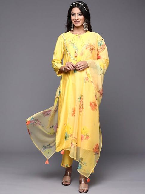 indo era yellow embroidered kurta pant set with dupatta