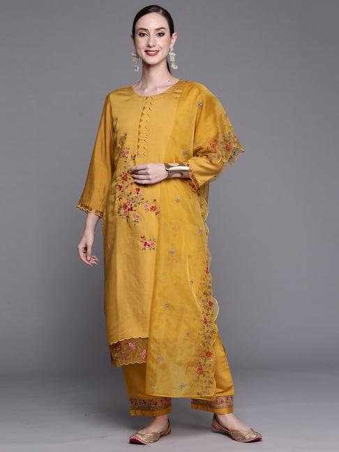 indo era yellow embroidered kurta pant set with dupatta