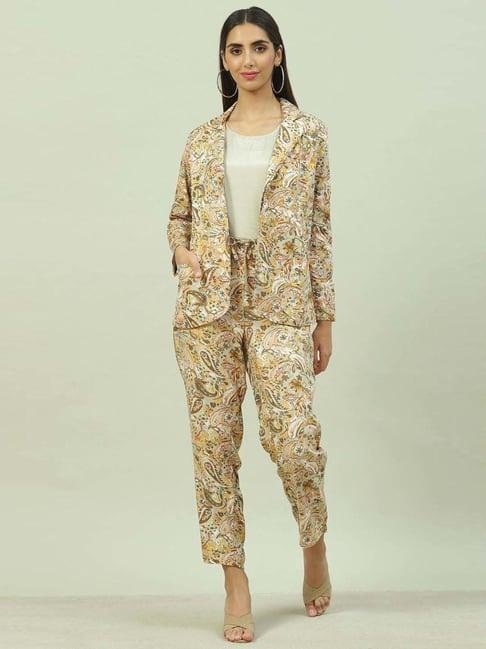 biba beige printed top pant set with jacket