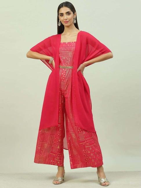 biba pink printed jumpsuit with jacket