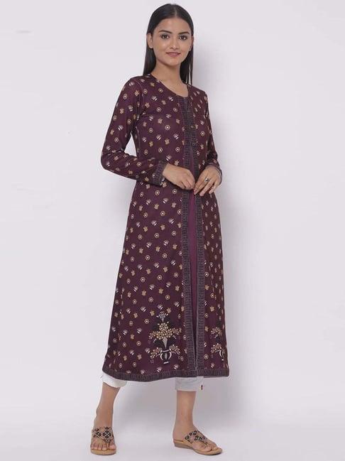 biba purple embroidered a line kurta with jacket