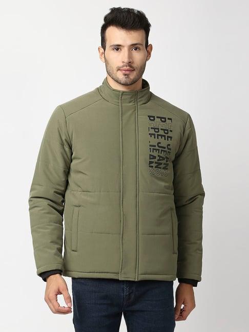 pepe jeans green mock collar slim fit jacket