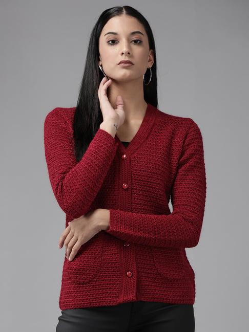 cayman maroon woolen textured cardigan