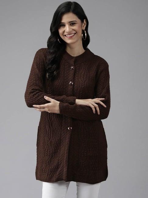 cayman coffee brown woolen textured longline cardigan