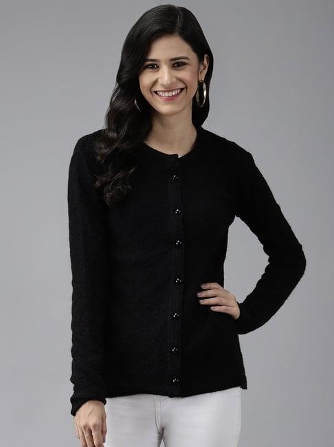 cayman black woolen textured cardigan