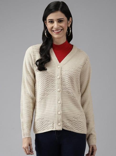 cayman light beige woolen textured cardigan