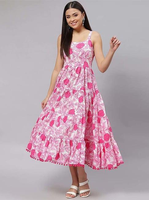 divena off-white & pink cotton printed a-line dress