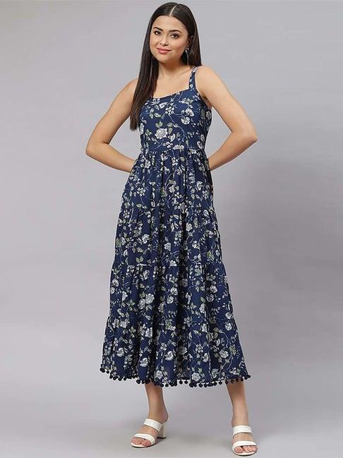 divena blue cotton printed a-line dress