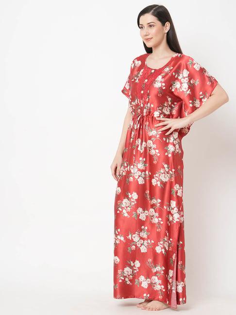 sweet dreams maroon satin floral print kaftan nighty