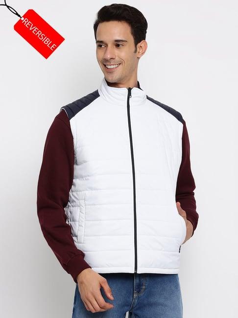 cantabil white & navy regular fit sleeveless reversible jacket