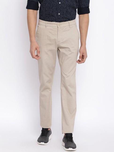 cantabil beige regular fit printed flat front trousers