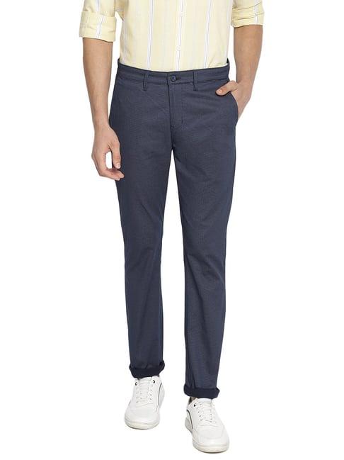 cantabil navy regular fit printed flat front trousers